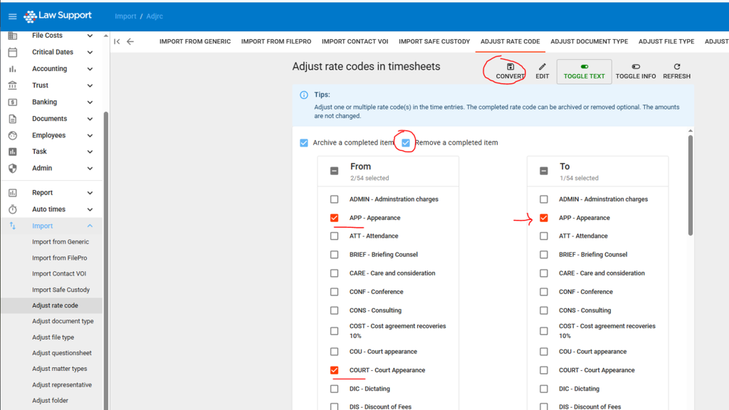 Adjust Rate Codes in Timesheets to remove old unused codes