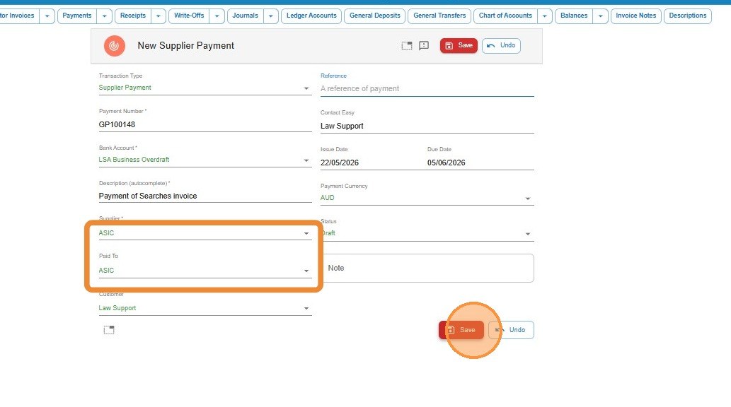 A completed supplier payment header in Law App showing the supplier, date and bank account, ready to save