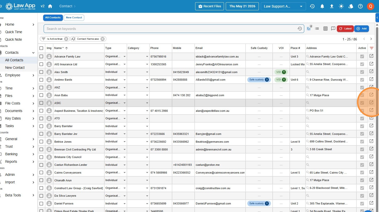 Selecting the supplier contact (ASIC in this example) from the Law App contact list