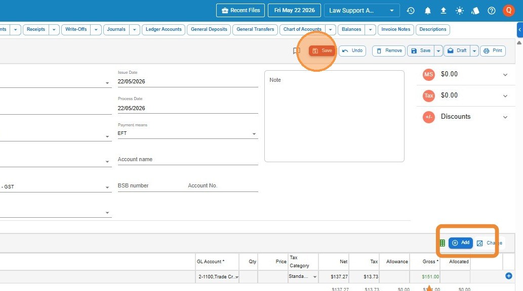 A supplier payment line in Law App with the type set to Supplier and the gross amount entered