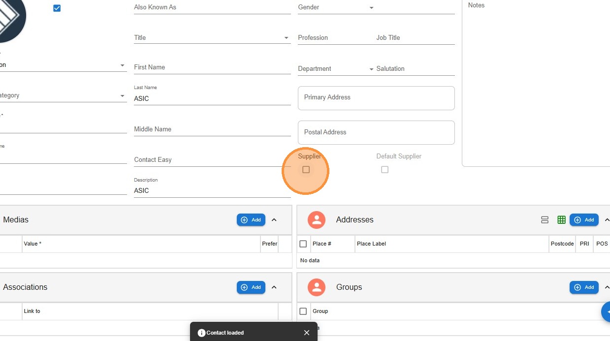 Contact record with the Supplier toggle switched on, marking the contact as a supplier for invoicing