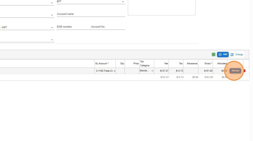 The Allocate option shown after a supplier payment line has been saved in Law App