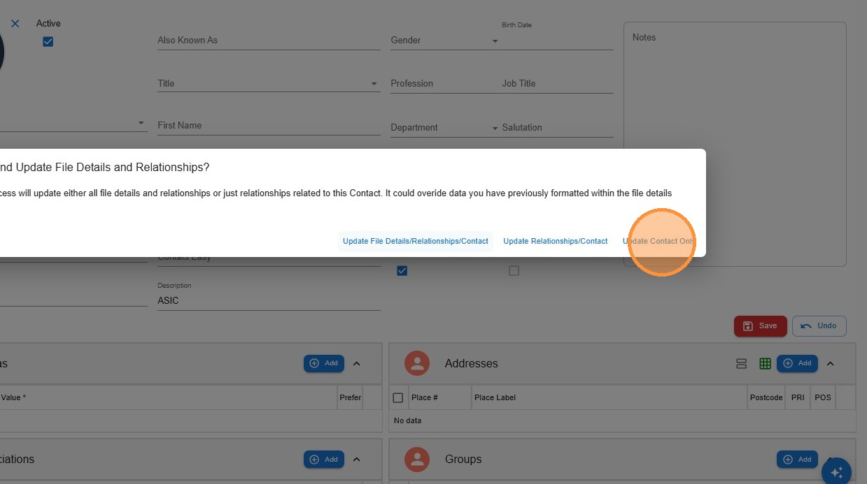 Clicking Update Contact to save the supplier flag against the contact record