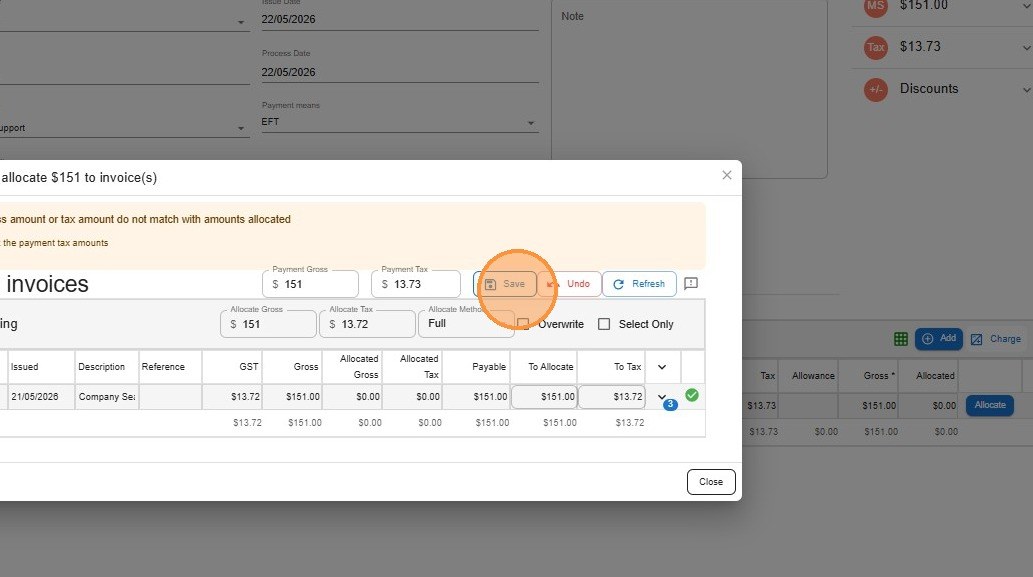 The allocation screen in Law App listing outstanding ASIC supplier invoices from oldest to newest, with the Select only option