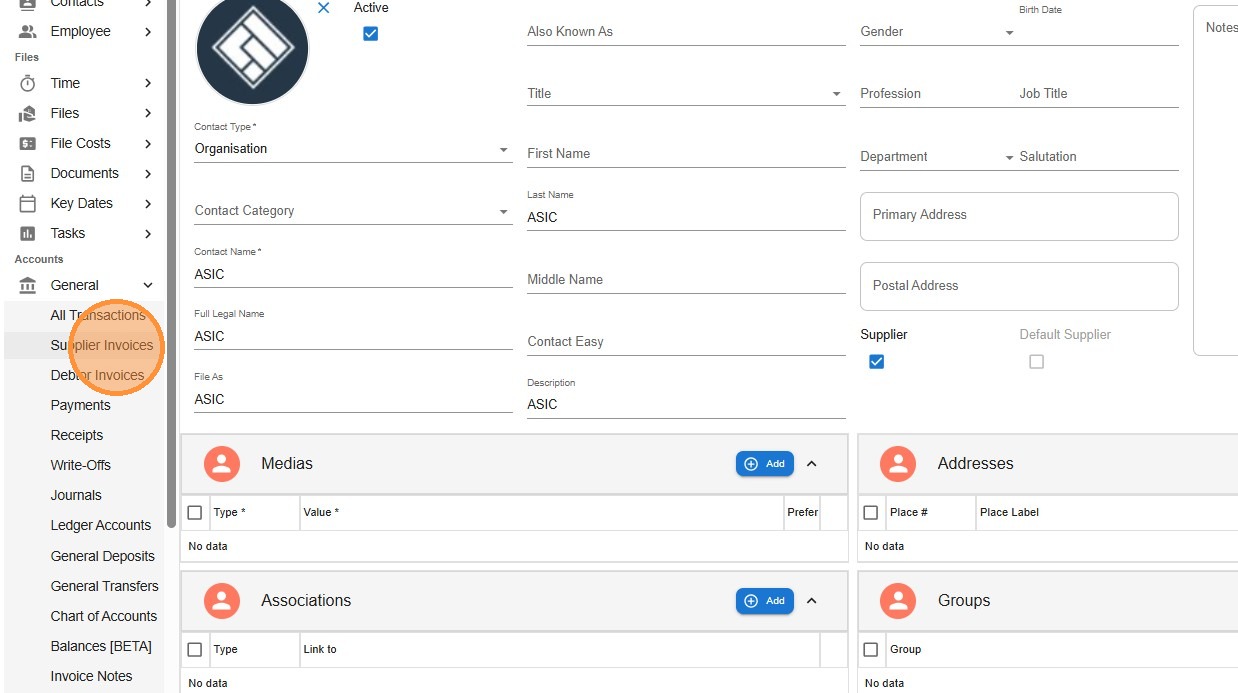 Law App navigation menu showing General then Supplier Invoices to open the supplier invoice list