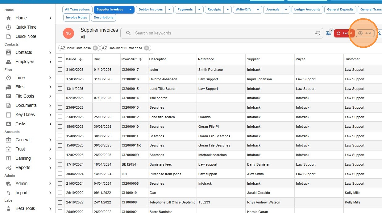 Supplier Invoices list page with the Add button highlighted to create a new supplier invoice