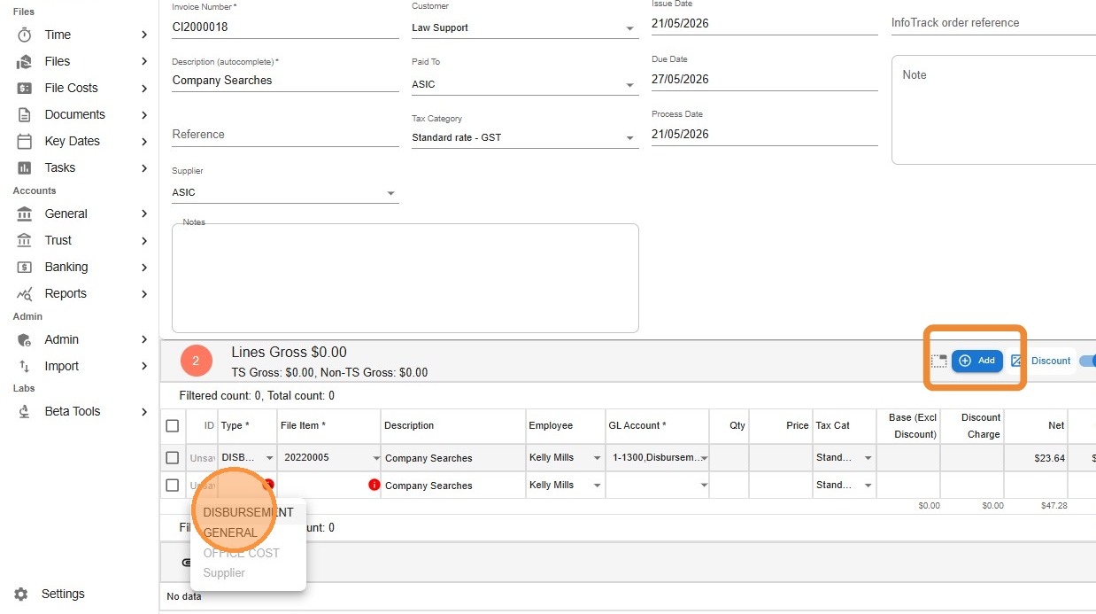 Supplier invoice line item dropdown showing the choice between Disbursement (file-level) and General (business expense)