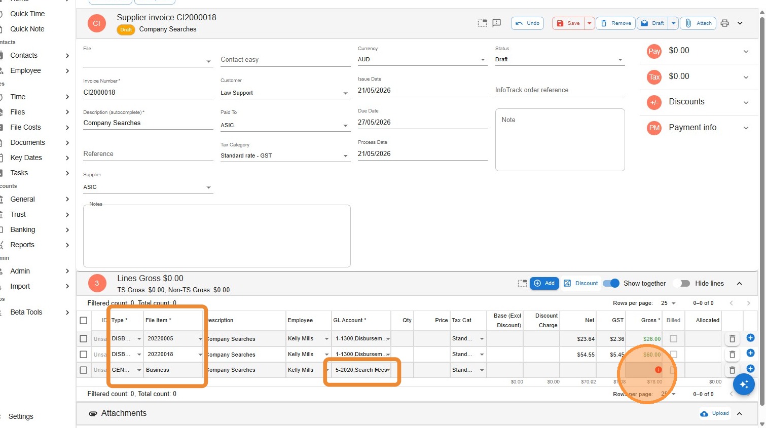 Supplier invoice with multiple lines showing how GL codes differ between Disbursement lines (1-3000 control) and General lines (any expense code)