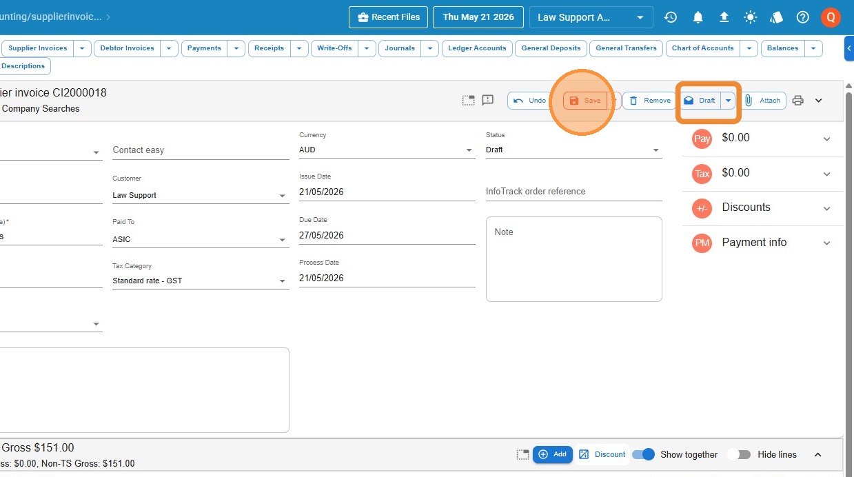 Supplier invoice screen with the Save button and the Draft/Finalise toggle, used to commit the invoice to the ledgers