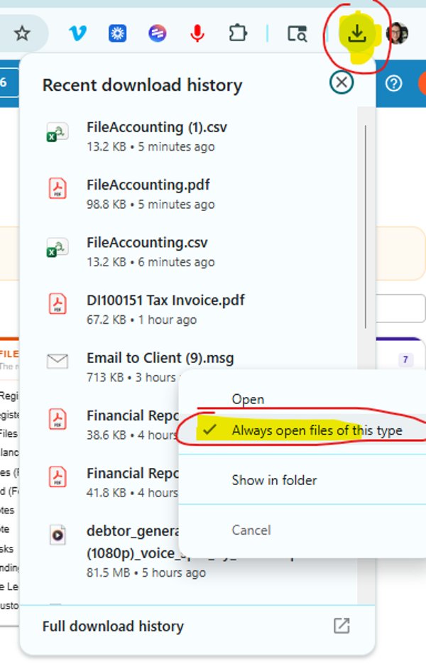 Browser download history showing a downloaded .msg email file with the Always open files of this type option highlighted