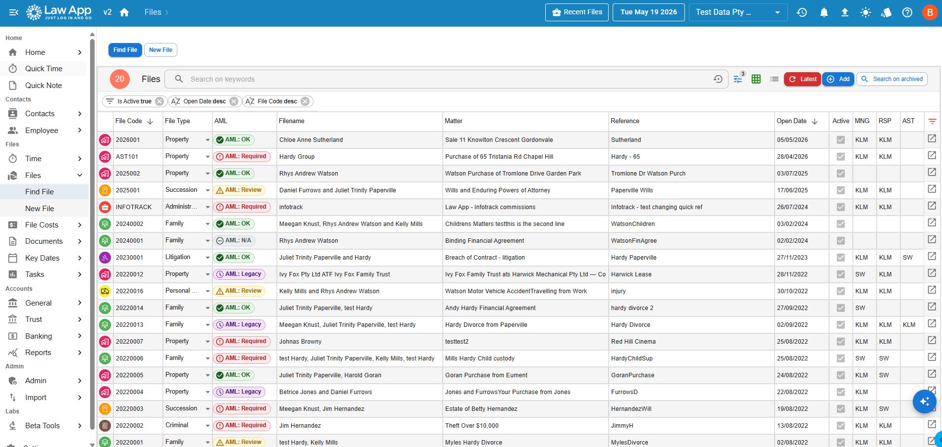 Law App file list showing a new AML status column with OK, Review, Required, N/A and Legacy pills against each matter