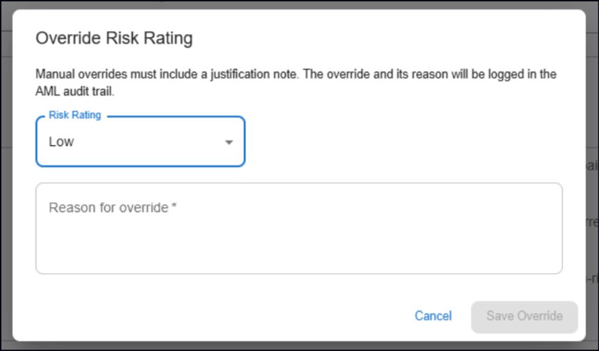 Override Risk Rating dialog in Law App requiring a justification note that is logged in the AML audit trail