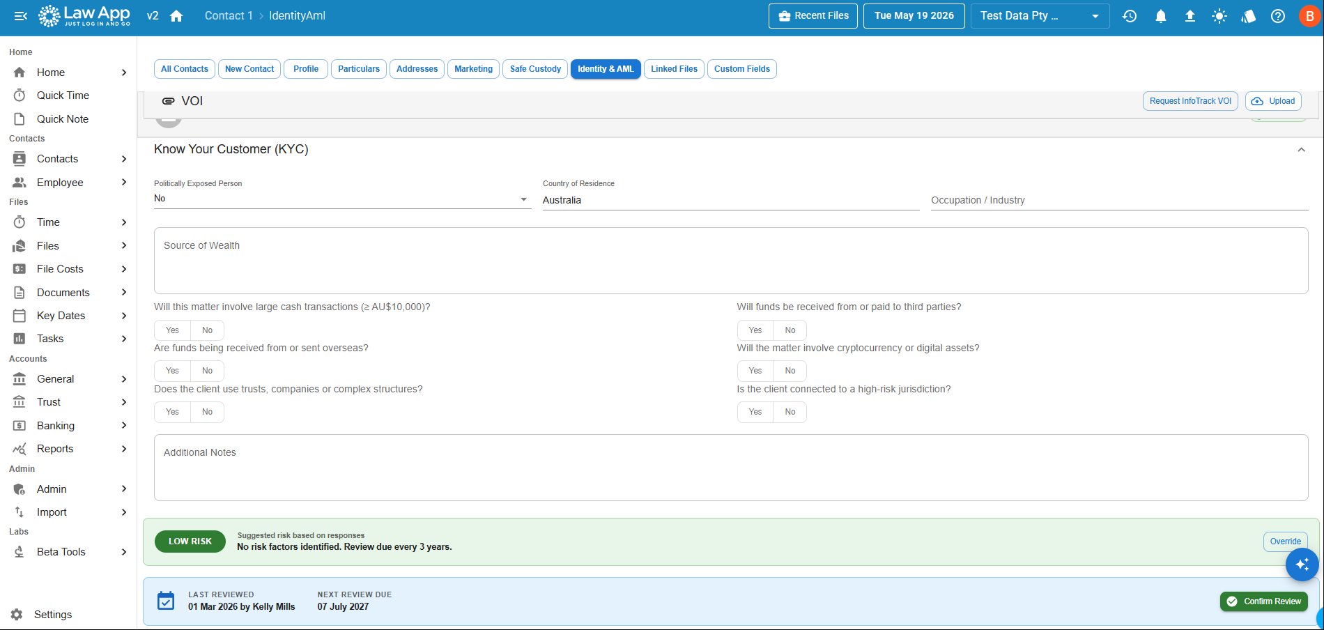 Law App Know Your Client risk questions with a suggested Low Risk rating, a review-due date, and a Confirm Review button