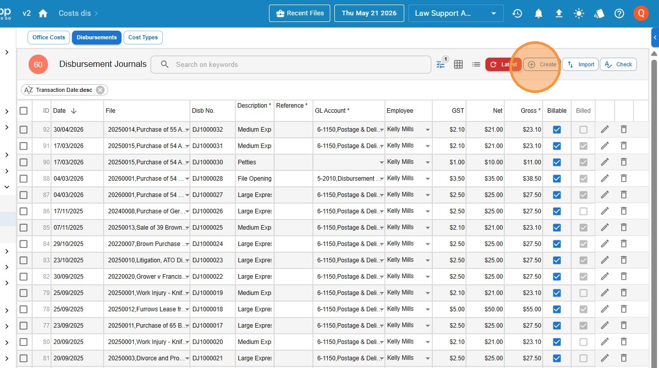Law App Disbursements tab showing the Create button for entering a new office cost or disbursement journal