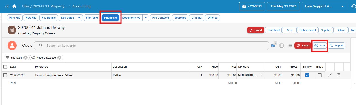 Law App file open on Financials tab, viewing the Costs sub-section with the Add button highlighted