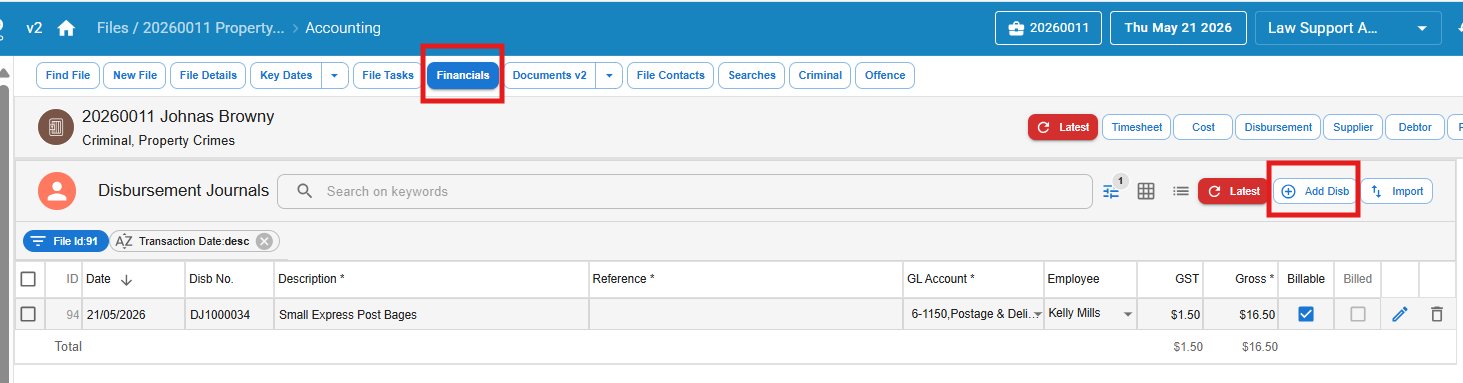 Law App file open on Financials tab, viewing the Disbursement Journals sub-section with the Add Disb button highlighted