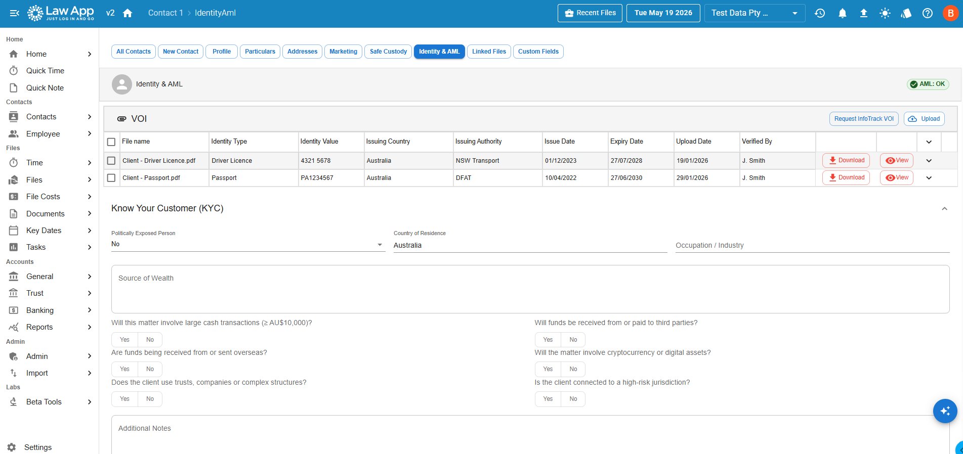 Law App contact screen showing the new Identity and AML tab, with a verification of identity document grid and the Know Your Client risk assessment section below it