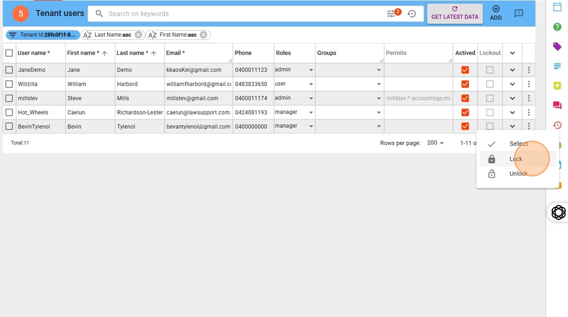 Law App admin user list three-dot menu showing the Lock and Unlock options