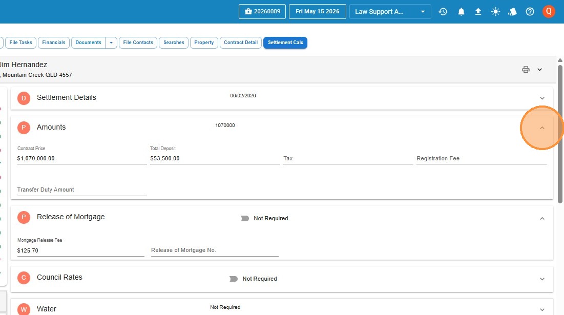 Amounts section showing contract price, deposit, and mortgage release fields