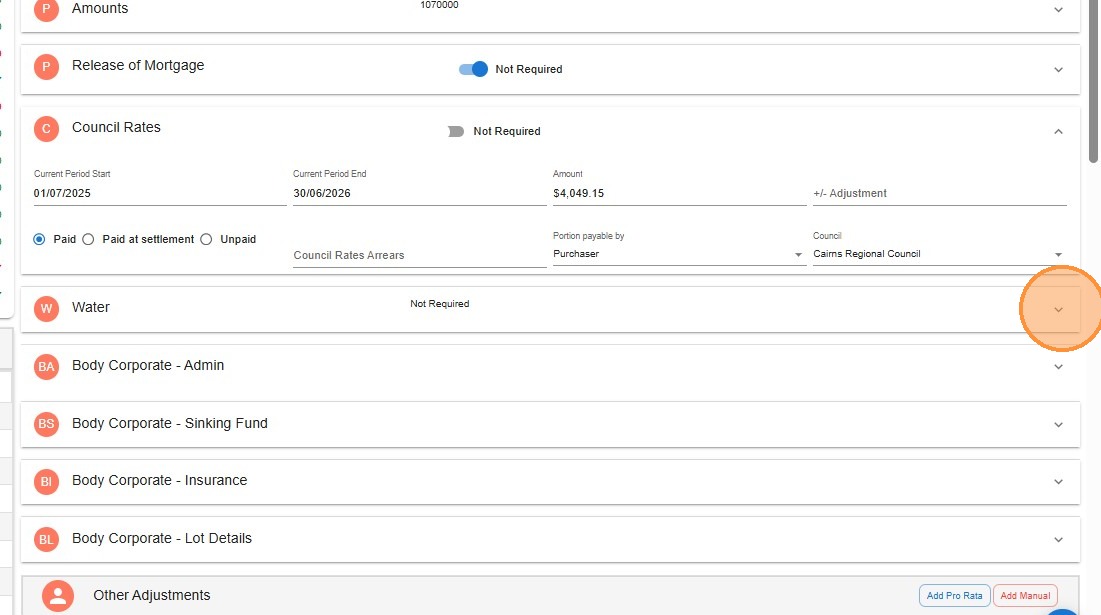 Council rates section showing period dates, amount, payment status, and council dropdown