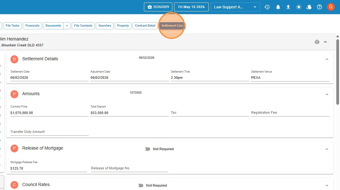Settlement Calc selected in the file navigation