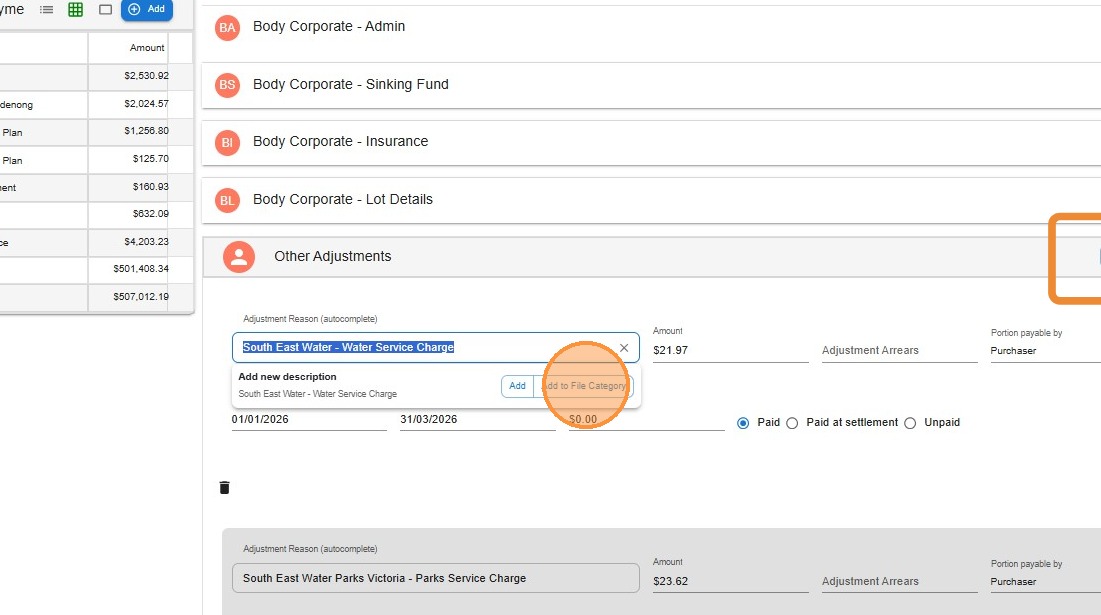Other adjustments section showing the Add Pro Rata, Add Manual, and Add to File Category buttons