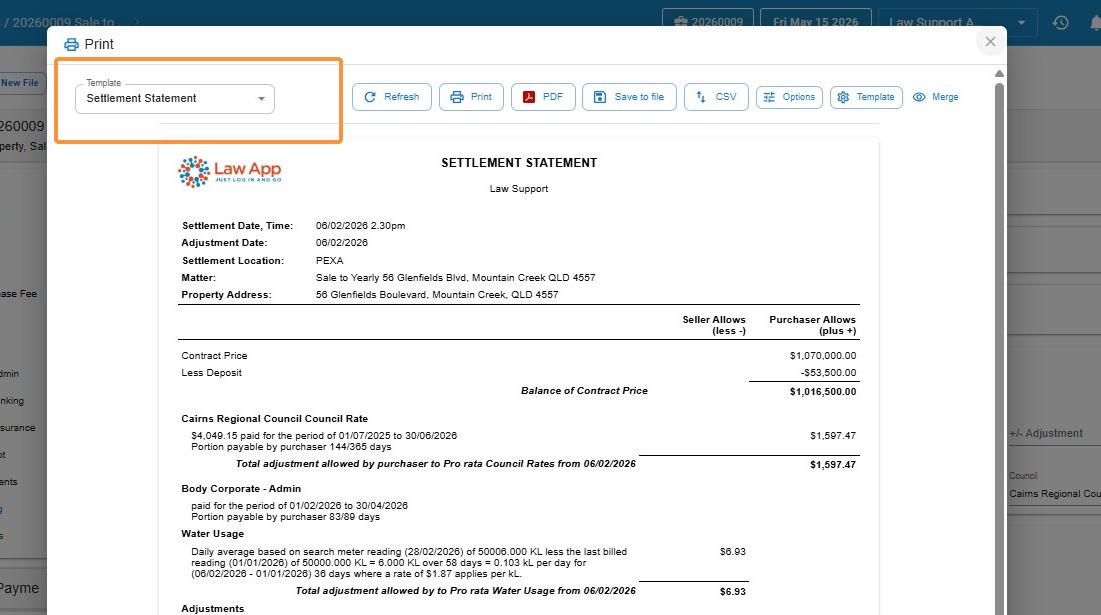 Print preview showing Print, PDF, Save to File, CSV, Options, Template, and Refresh buttons