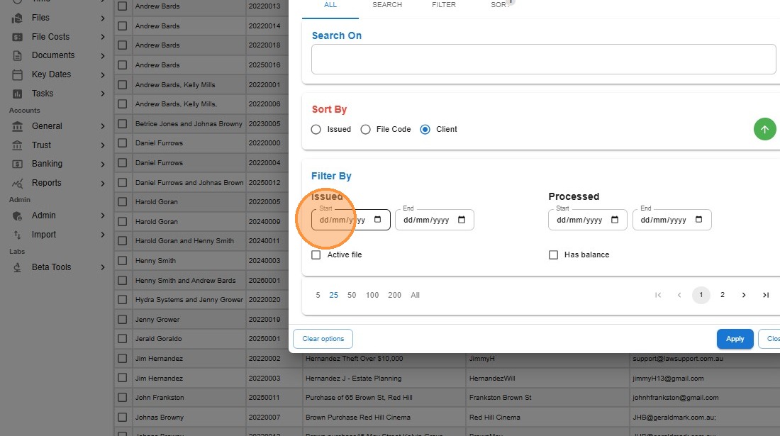 Filter panel with the Issued Start date field highlighted