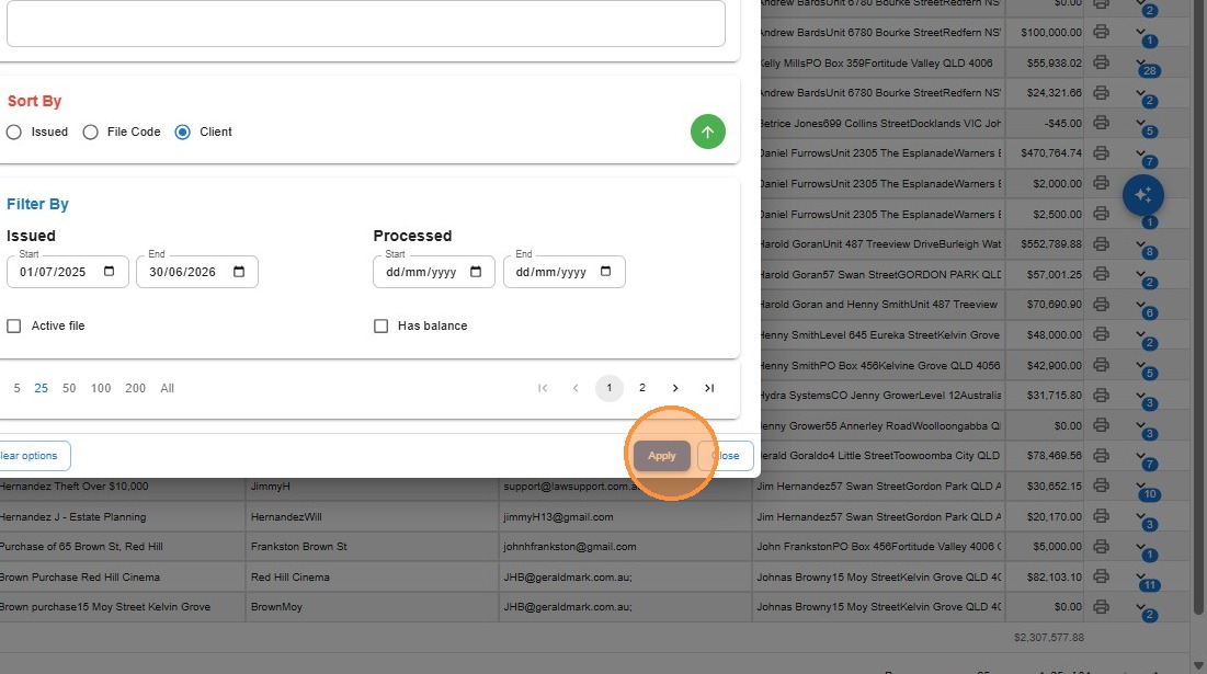 Filter panel showing Issued dates set to 01/07/2025 and 30/06/2026 with the Apply button highlighted
