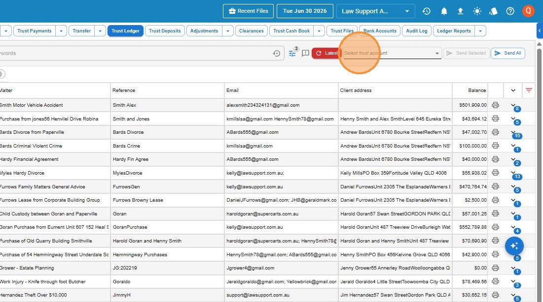 Trust Ledger with the Select trust account dropdown highlighted