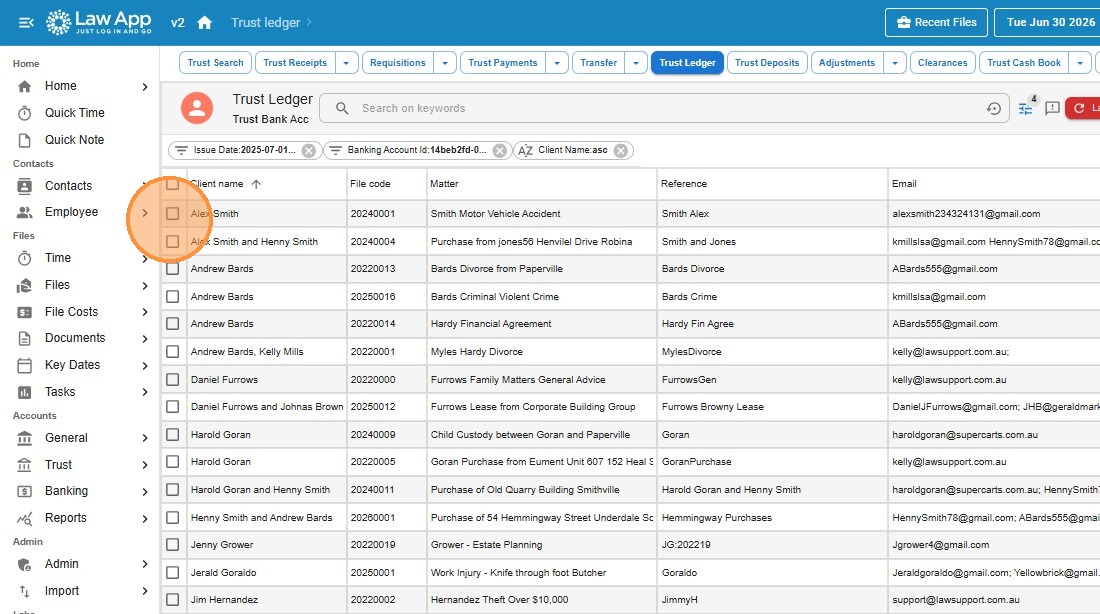 Trust Ledger list with the select-all checkbox in the column header