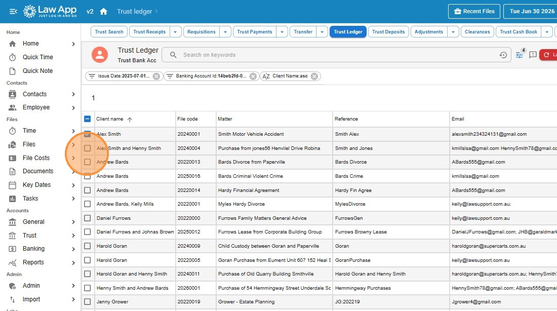Trust Ledger list with the select-all checkbox ticked and all clients selected