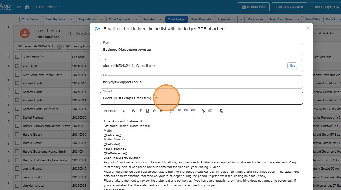 Email compose window showing From, To, Cc, Subject and a body built from merge fields, with the ledger PDF attached