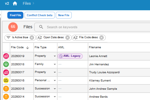 Law App file list showing the AML status column, with an AML: Legacy pill on one matter and dashes on non-AML matters
