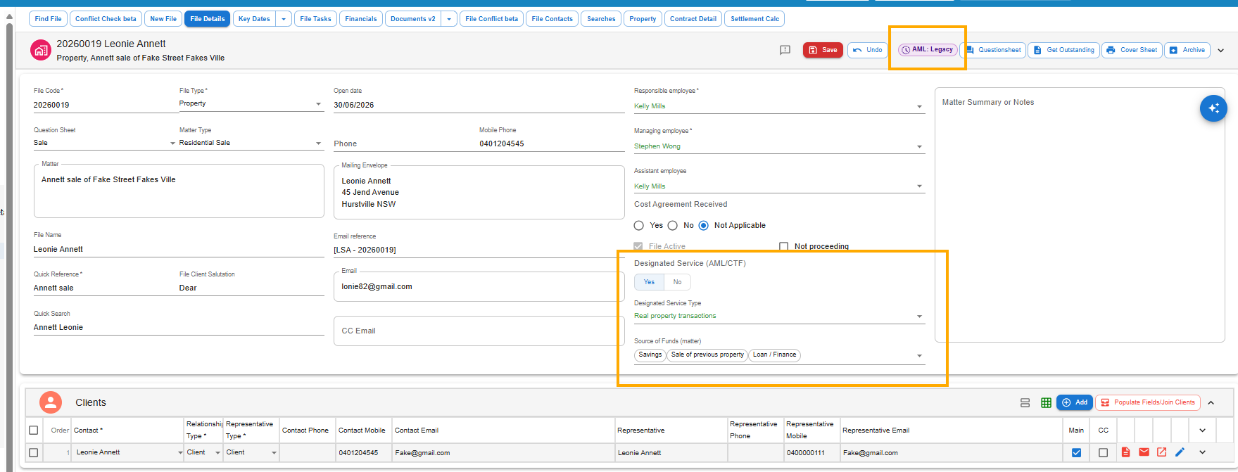 Law App File Details tab with the Designated Service (AML/CTF) section and source of funds highlighted, and an AML: Legacy status pill at the top