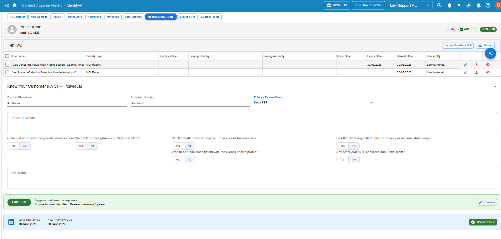 The Identity & AML tab for a contact in Law App, showing the VOI document list, the individual KYC questionnaire, the calculated low-risk rating and the review schedule