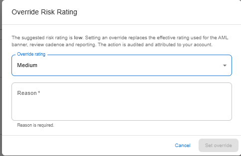 The Override Risk Rating dialog in Law App, with an override rating dropdown set to Medium and a mandatory reason field