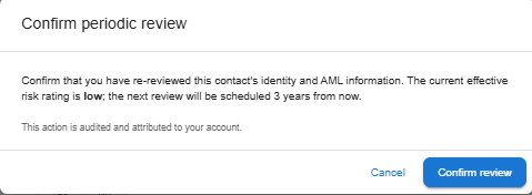 The Confirm periodic review dialog in Law App, showing the current low-risk rating and the next review scheduled 3 years from now