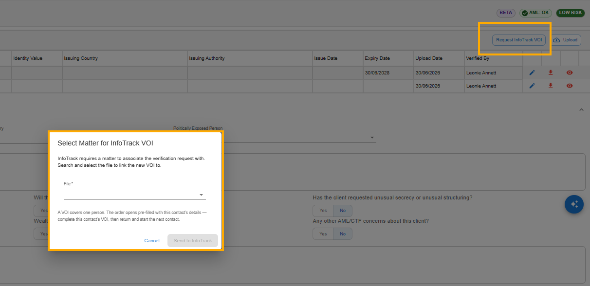 The Select Matter for InfoTrack VOI dialog in Law App, with a file selector used to link the verification request to a matter