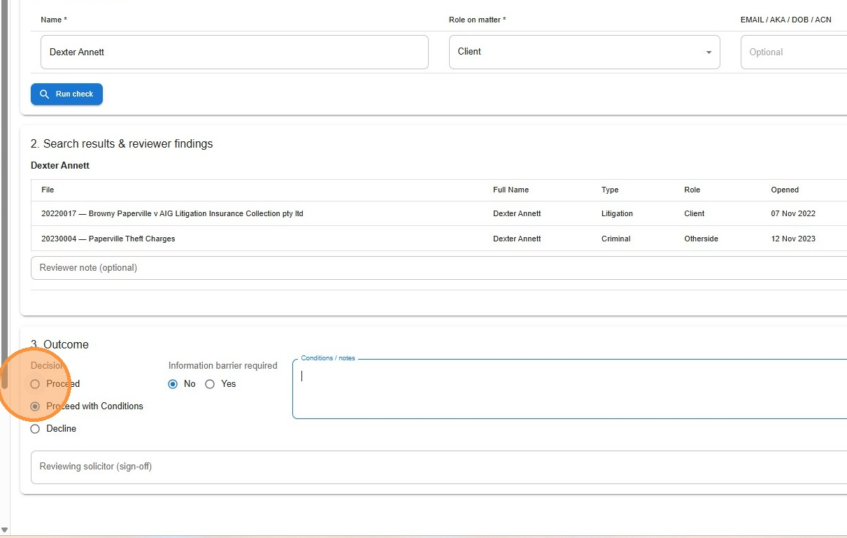 Outcome section with Decision options and Conditions notes field