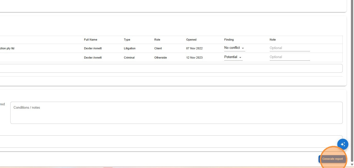 Generate report button at the bottom of the conflict check