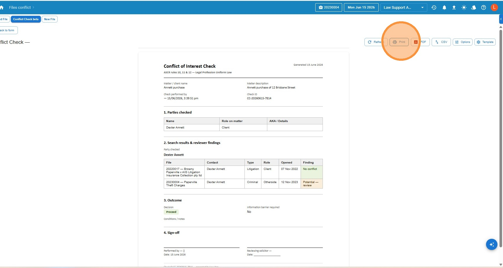 Printable conflict check report