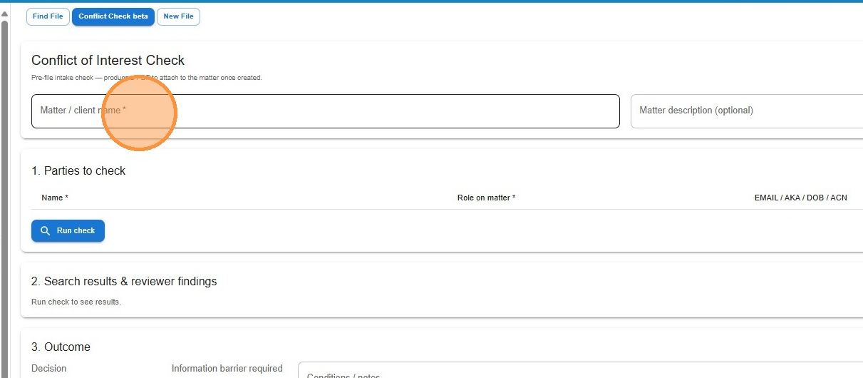 Conflict of Interest Check form showing matter name and description fields