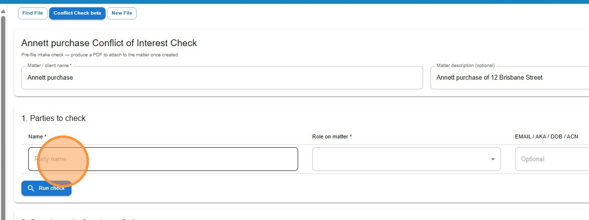 Party name field with role dropdown