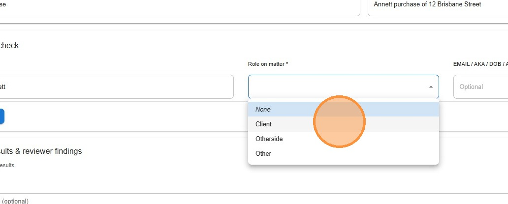 Role dropdown showing Client, Otherside and Other options