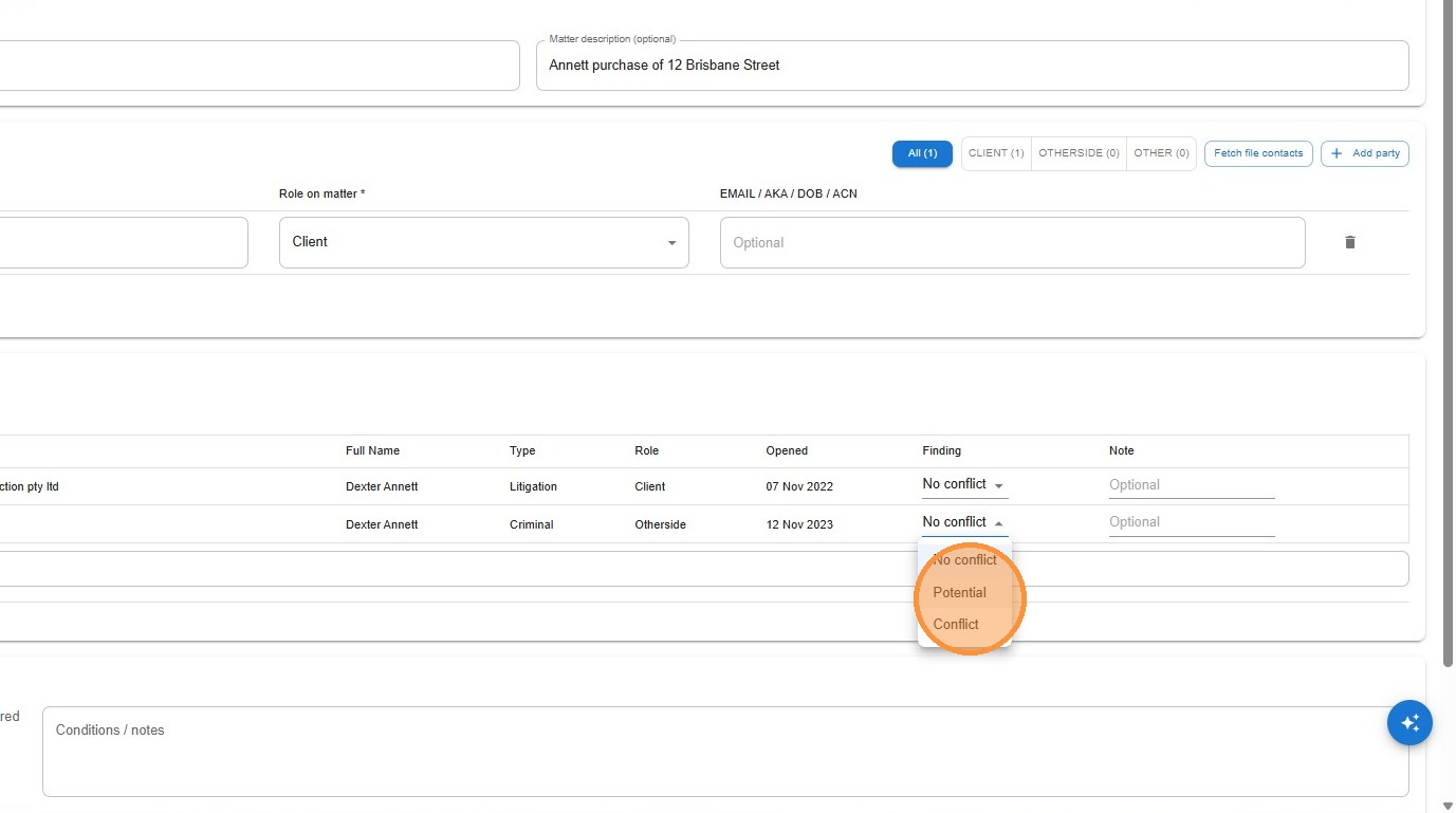 Search results with Finding status dropdown showing No conflict, Potential and Conflict options