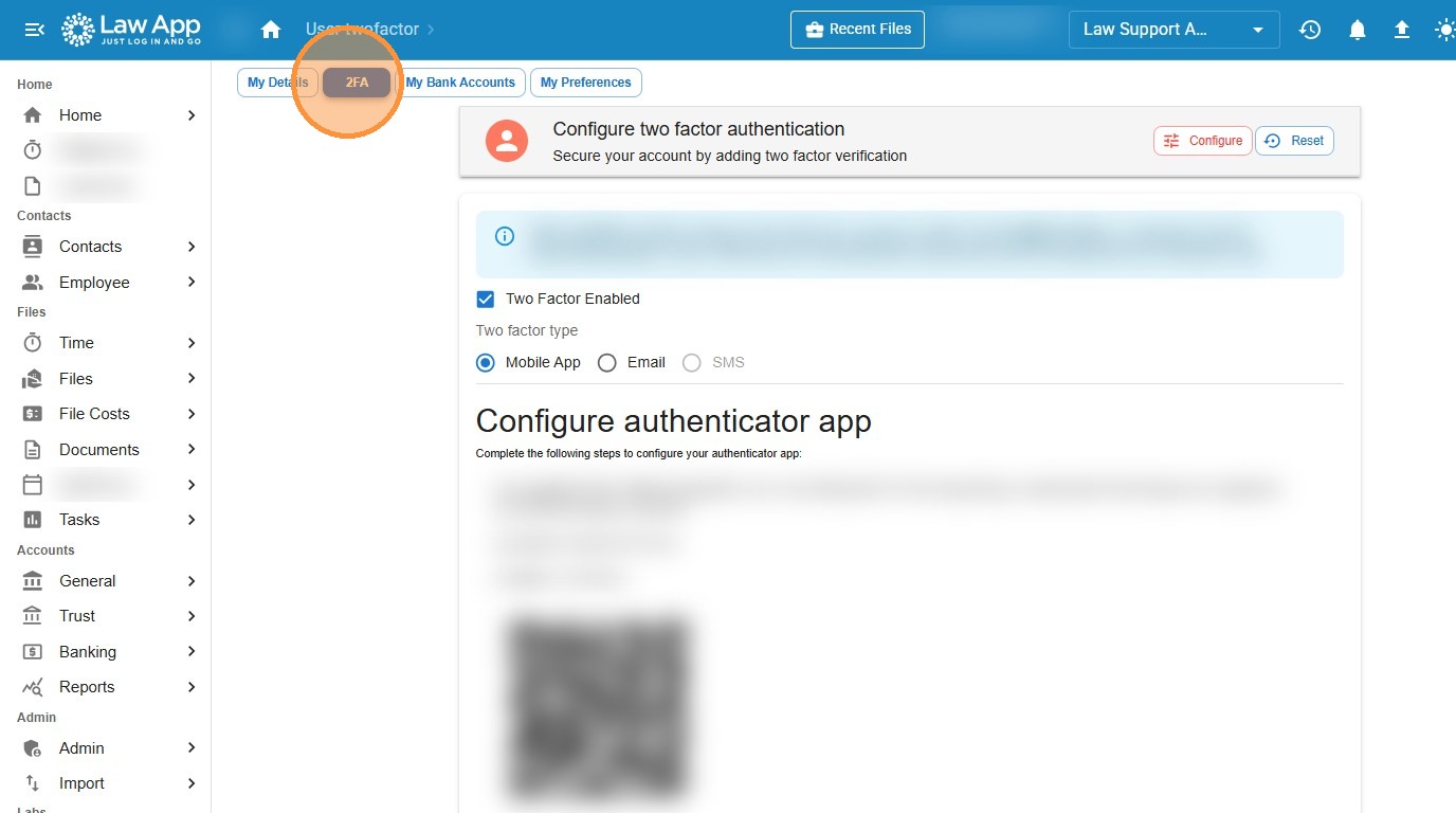 The 2FA tab in Law App showing two-factor authentication settings, verification methods and authenticator setup