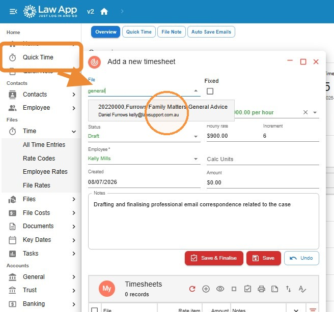 Add a new timesheet dialog with the general advices file being selected and Quick Time highlighted in the sidebar