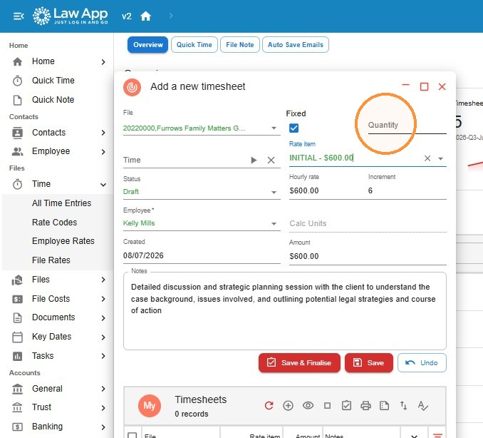 Add a new timesheet dialog with the Rate Item set to INITIAL and the Quantity field completed