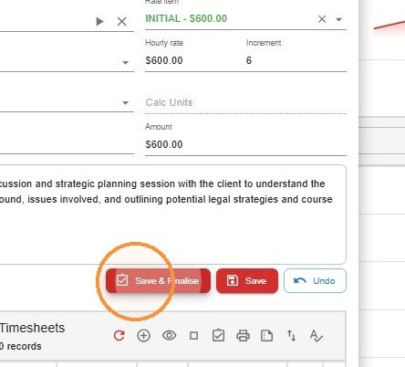 Add a new timesheet dialog with the Save and Finalise button highlighted